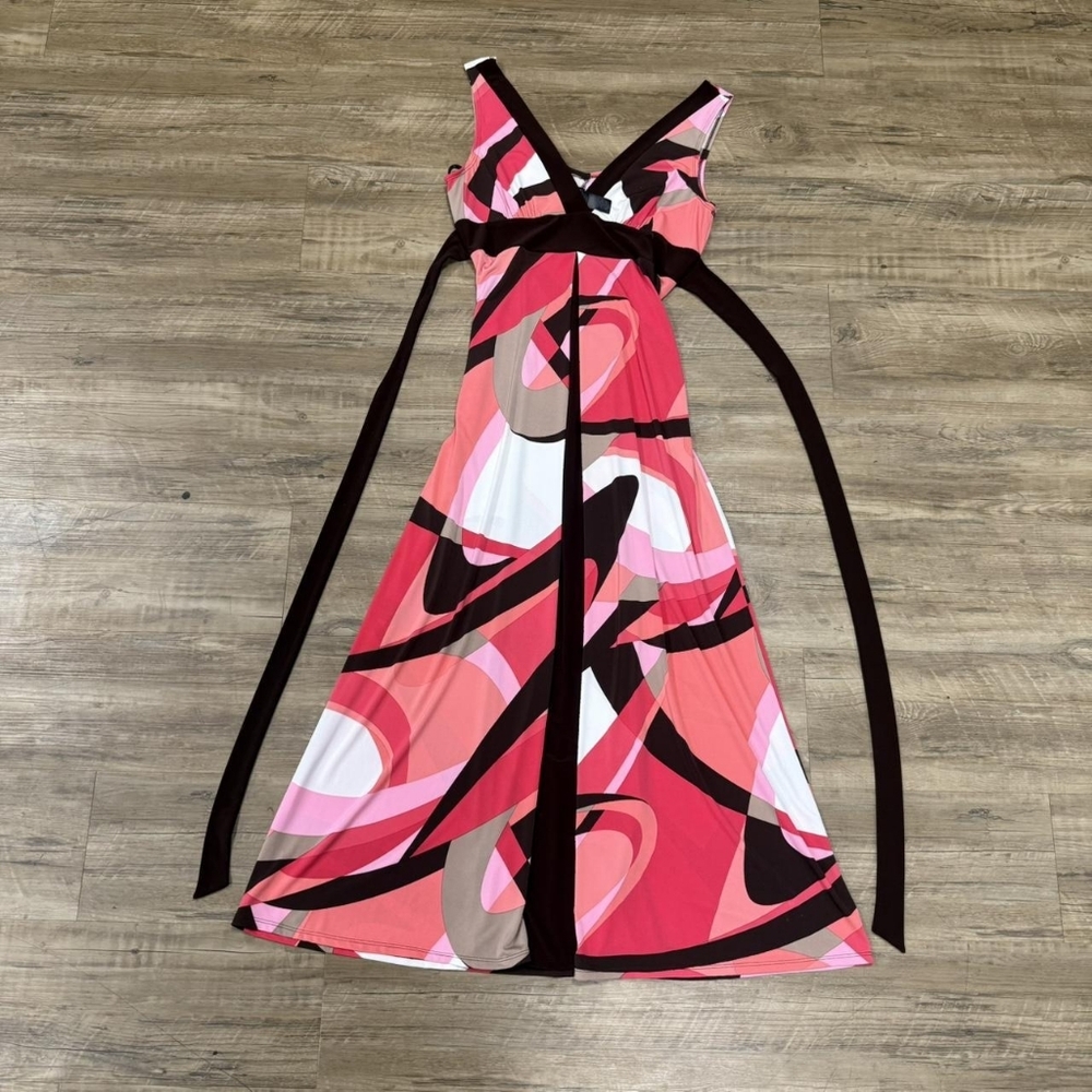 Bisou Bisou Pink & Black Abstract V-Neck Maxi Dress with Waist Tie